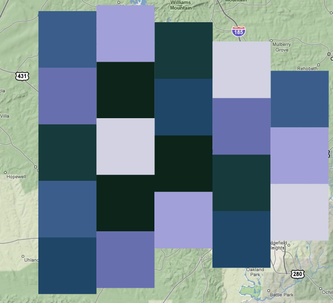 Mock-up of an opaque, 7-class choropleth map for Maker! (Google terrain)