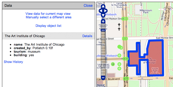OpenStreetMap splits apart a probed location (blue outline) and its related info.