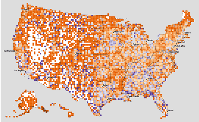 Zip code centroids binned to various cell sizes