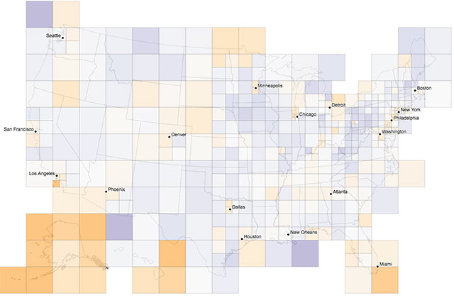 Variable grid cell sizes with approximately equal numbers of zip codes